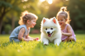 Chiot japonais spitz jouant avec deux enfants souriants dans l'herbe