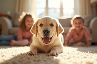 Chiot labrador heureux jouant dans le salon ensoleille