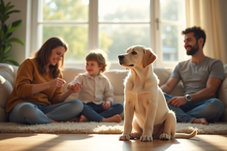 Chiot labrador assis dans un salon ensoleille avec famille