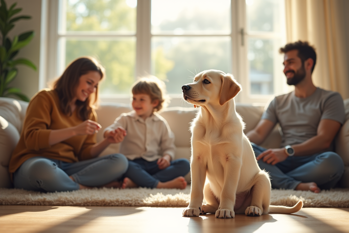 Chiot labrador assis dans un salon ensoleille avec famille