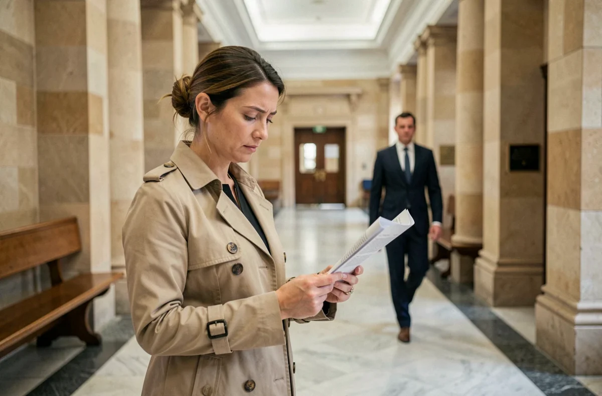 Une femme consulte des documents juridiques dans un couloir de palais de justice, symbolisant la réflexion avant de changer d'avocat en cours de procédure