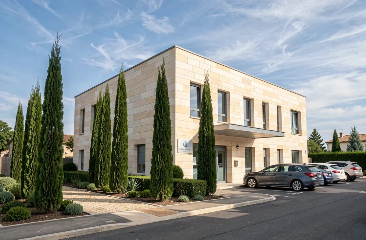 Façade extérieure de la Clinique des Cèdres à Cornebarrieu avec des cèdres en bordure d'allée et une architecture contemporaine