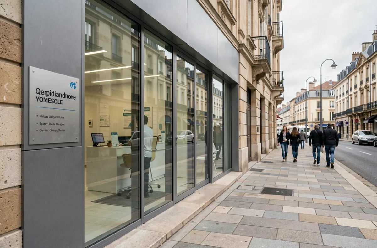 Entrée de la Clinique Rive Gauche à Toulouse avec façade en verre et acier et ambiance urbaine contemporaine