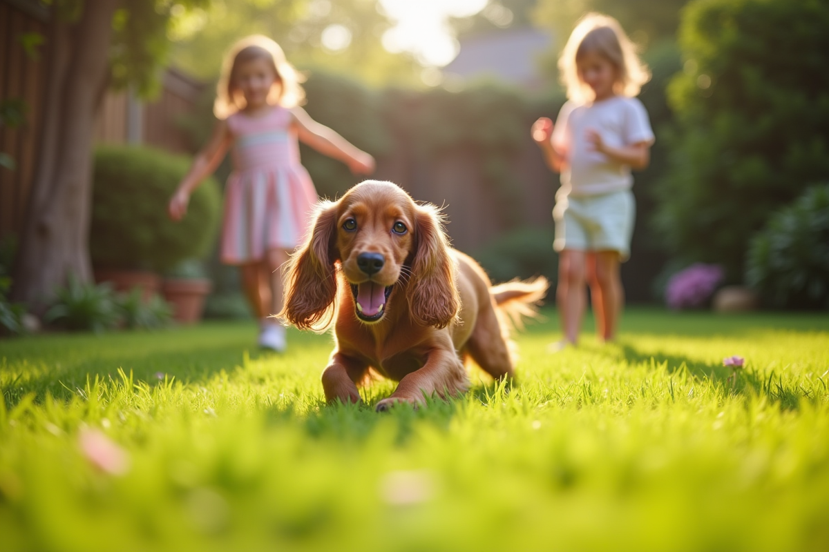 Cocker spaniel jouant avec deux enfants dans le jardin