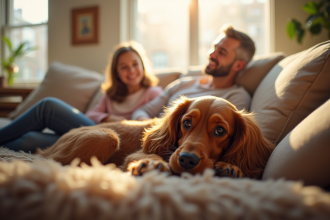 Cocker spaniel câlin dans un salon en famille