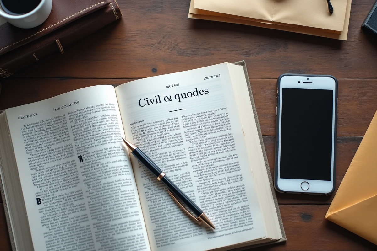 Vue de dessus d'un bureau avec le Code civil ouvert, des documents financiers et un smartphone affichant une application bancaire, symbolisant les recours légaux en cas de surendettement