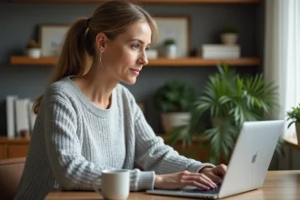 Femme se connectant à Medisys depuis son domicile sur un ordinateur portable sécurisé