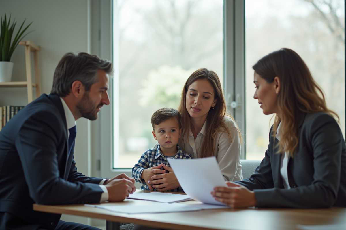 Discussion avec un avocat et une mère lors d une consultation juridique