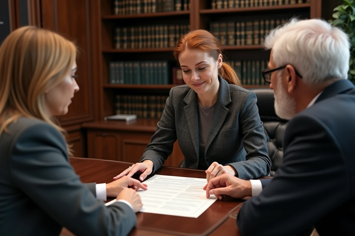 Un couple de seniors consulte un notaire autour d'un testament olographe répartissant les biens entre plusieurs légataires dans un cabinet professionnel