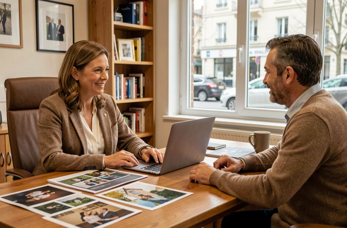 Client consultant le portfolio d'un photographe professionnel lors d'une réunion à Palaiseau
