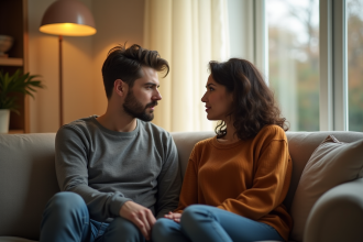 Couple en discussion sur un canapé dans un salon cosy