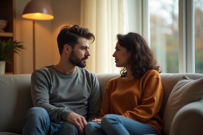 Couple en discussion sur un canapé dans un salon cosy