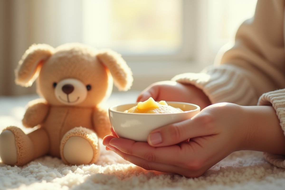 Main tenant une coupelle de compote de pomme avec peluche dans une nurserie