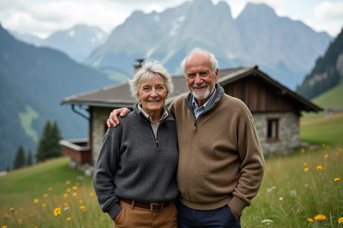 Couple alpin italien en sweater traditionnel sur une colline