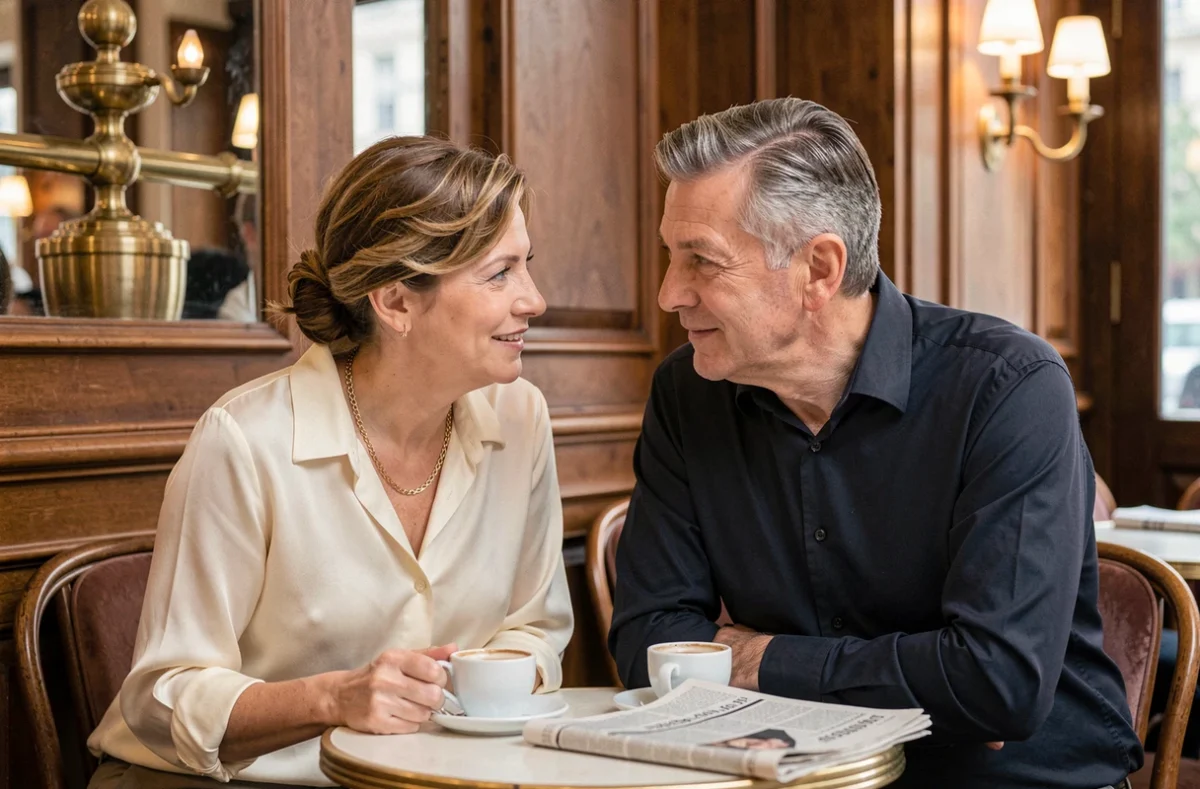 Couple élégant discutant avec complicité attablé dans une brasserie parisienne traditionnelle