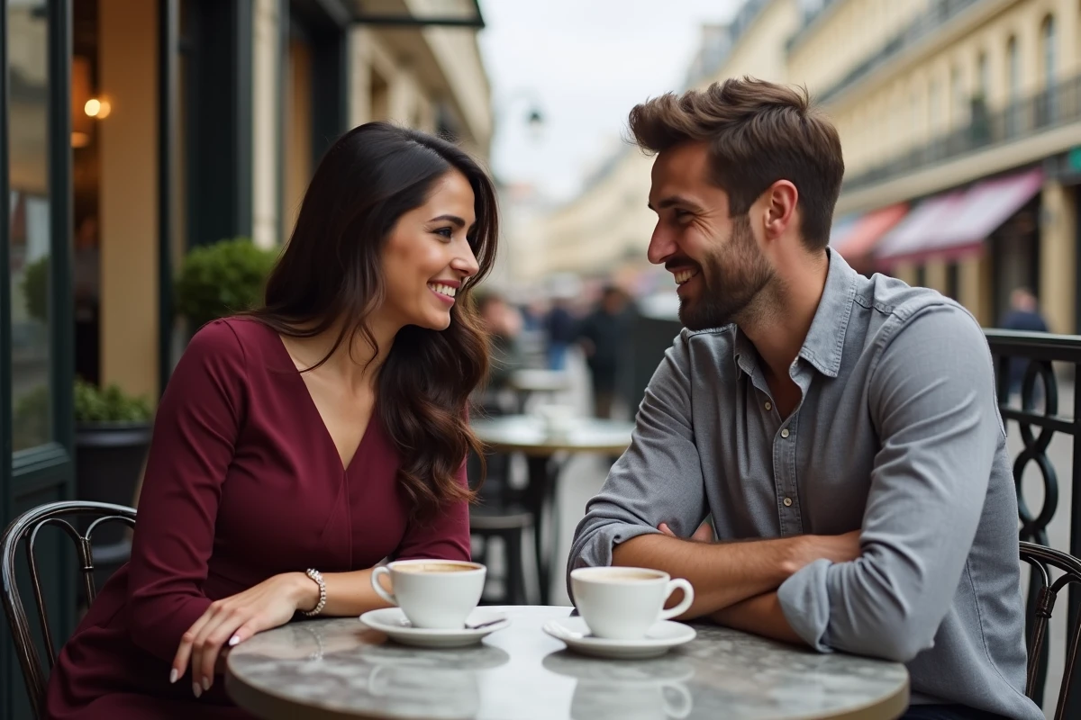 Couple élégant attablé en terrasse d'un café parisien, évoquant la vie de couple et l'intimité discrète, en lien avec l'article sur le conjoint de Sabrina Medjebeur