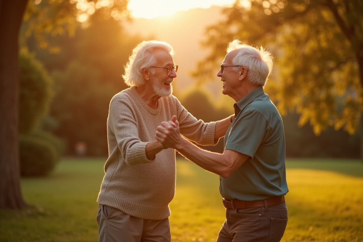 Couple agee dansant dans jardin au coucher du soleil