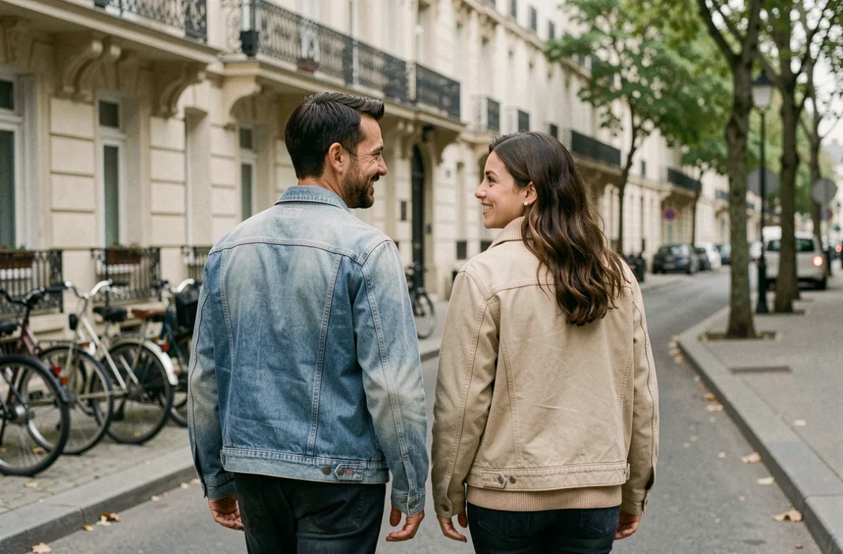 Couple marchant discrètement dans une rue parisienne, illustrant la volonté de protéger sa vie amoureuse et son intimité