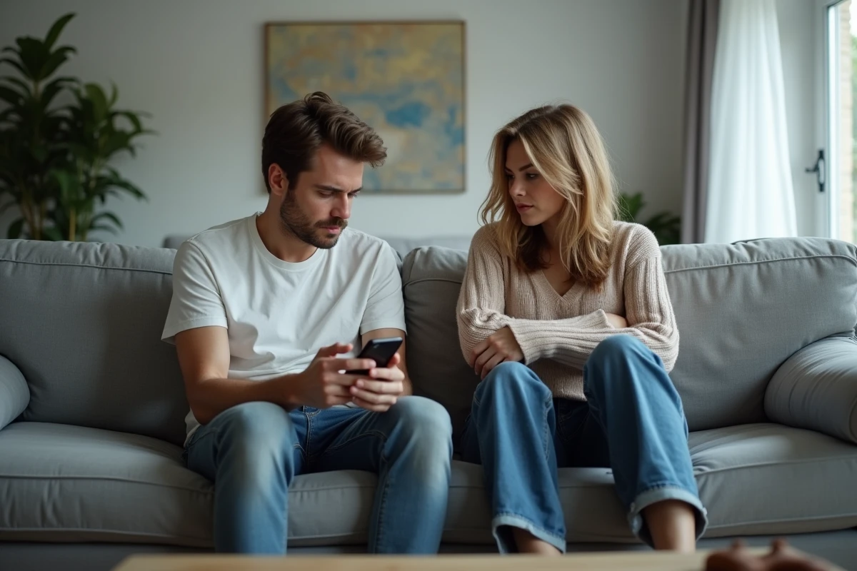 Couple assis aux deux extrémités d'un canapé sans se regarder, illustrant la distance émotionnelle et les tensions silencieuses dans un mariage