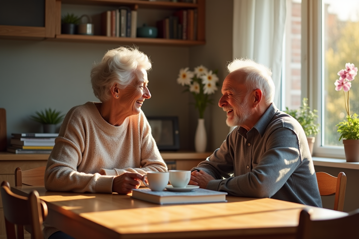 Couple de seniors partageant un café à la maison