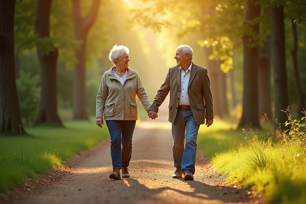Couple de seniors marchant dans la forêt ensoleillée
