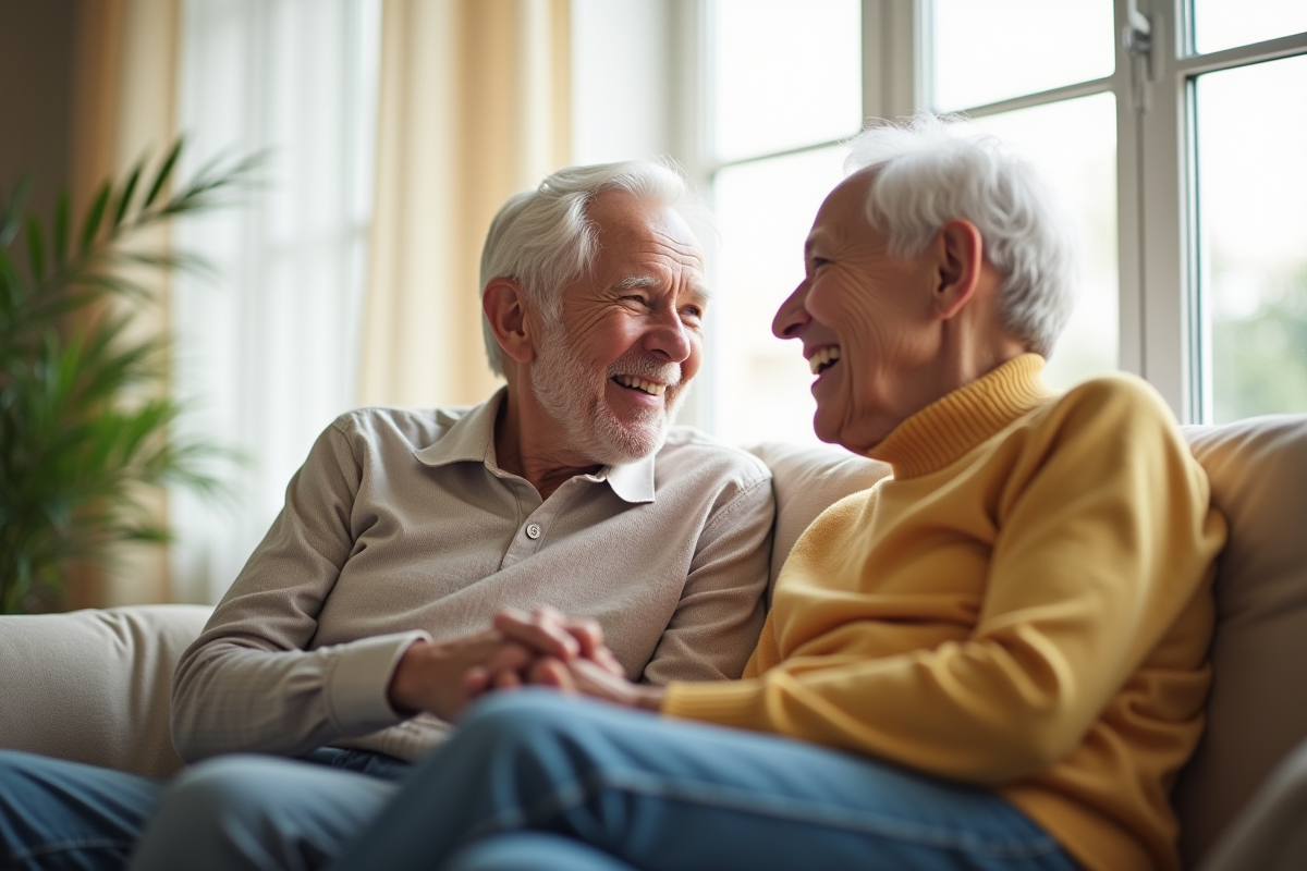 Couple agee tenant main sourire dans salon lumineux