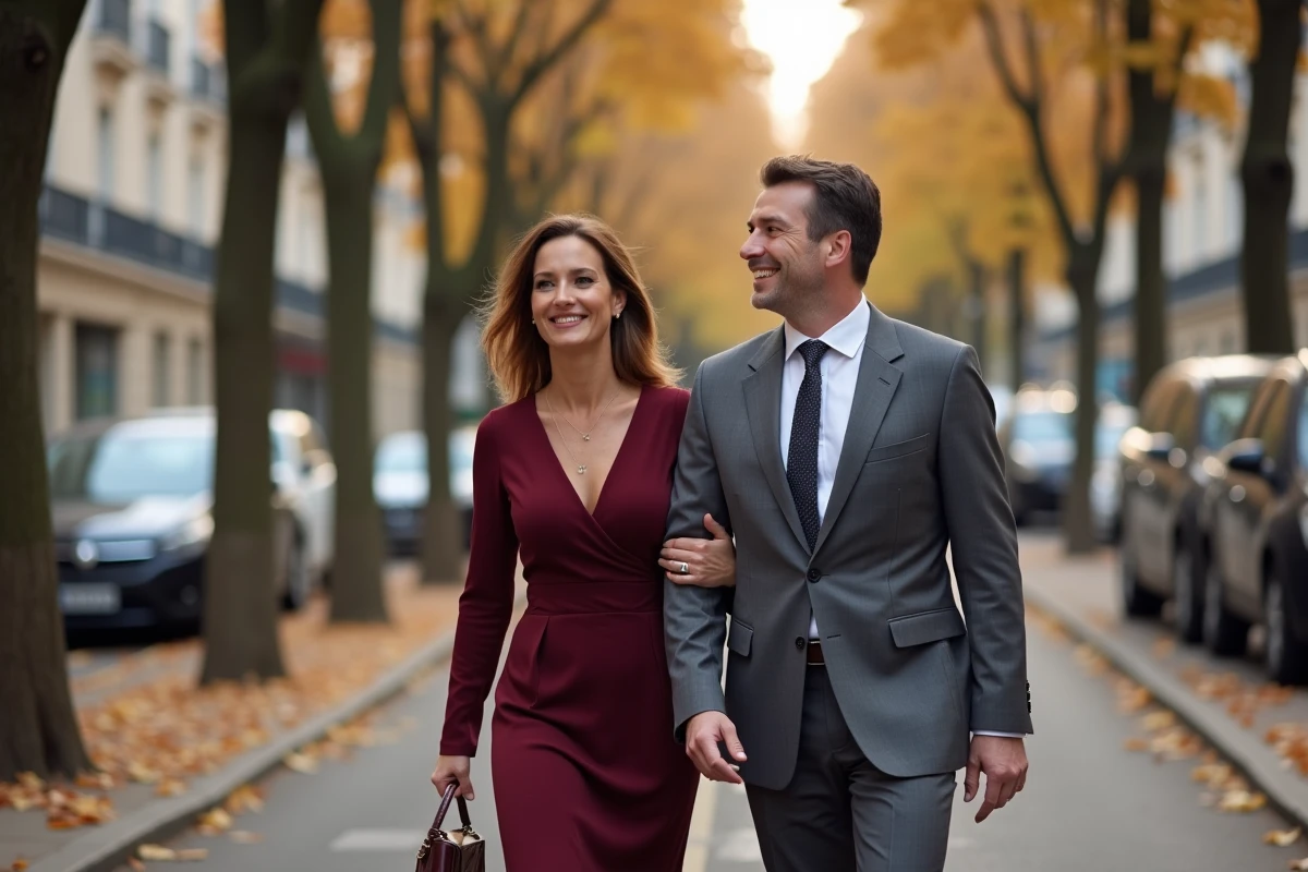 Couple élégant se promenant sur un boulevard parisien en automne, vie privée et relation publique en 2026