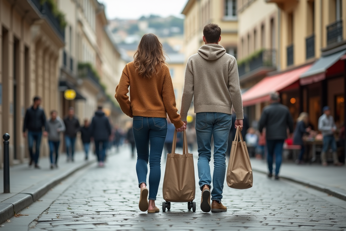 Jeune couple français avec sac réutilisable dans la rue urbaine