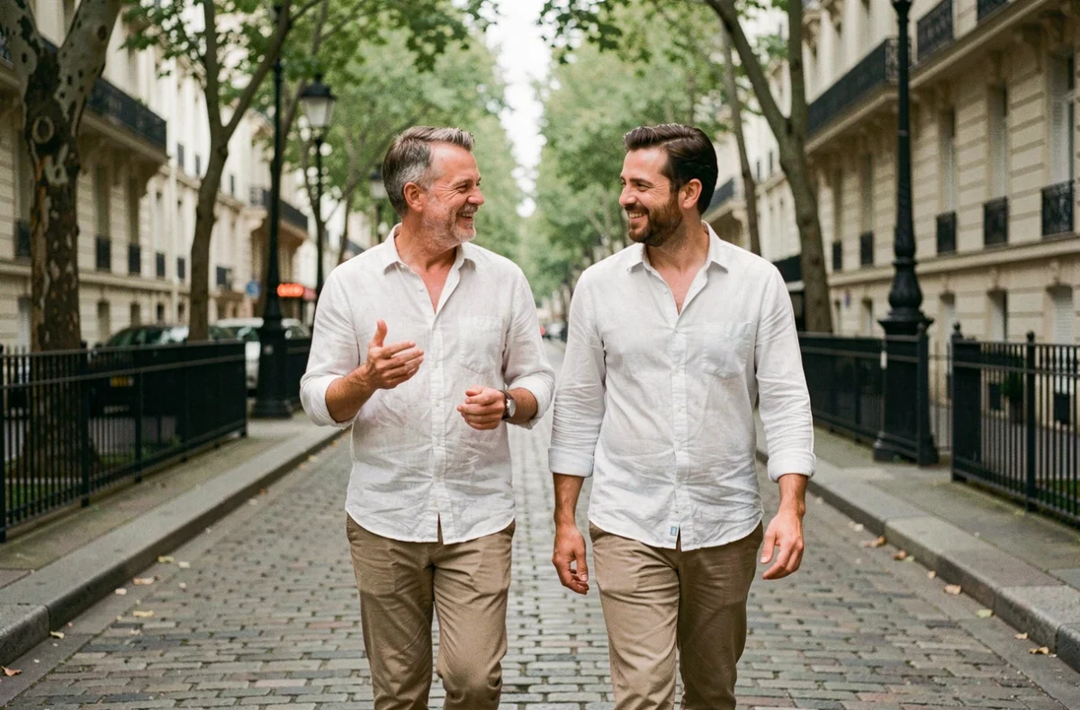 Couple masculin se promenant dans une rue parisienne, évoquant la discrétion de la vie privée d'un personnage public