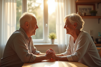 Couple mature souriant main dans la main dans la cuisine
