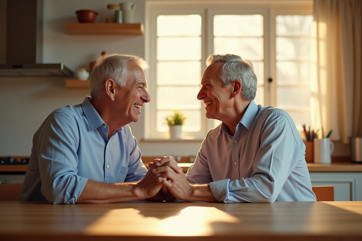 Couple mature souriant dans la cuisine en matinée