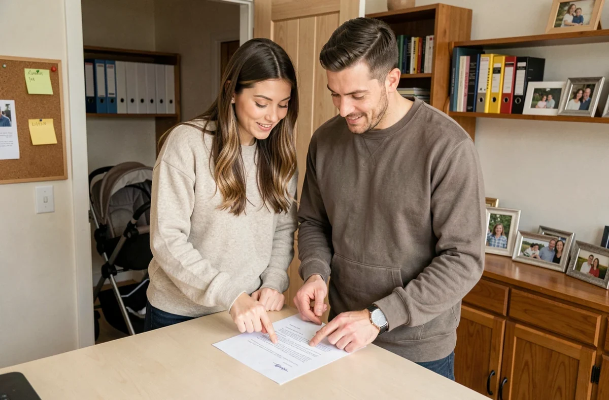 Couple de parents de fratrie rapprochée relisant ensemble une lettre de renouvellement de congé parental dans leur bureau à domicile