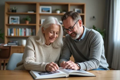 Couple souriant regardant un album photo dans leur salon