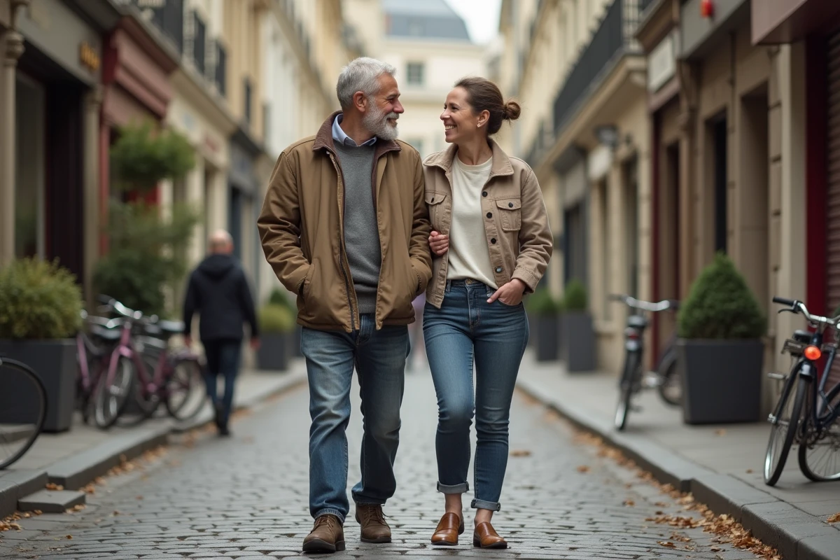 Couple complice se promenant sur une rue pavée parisienne en automne, illustrant une relation amoureuse épanouie et naturelle