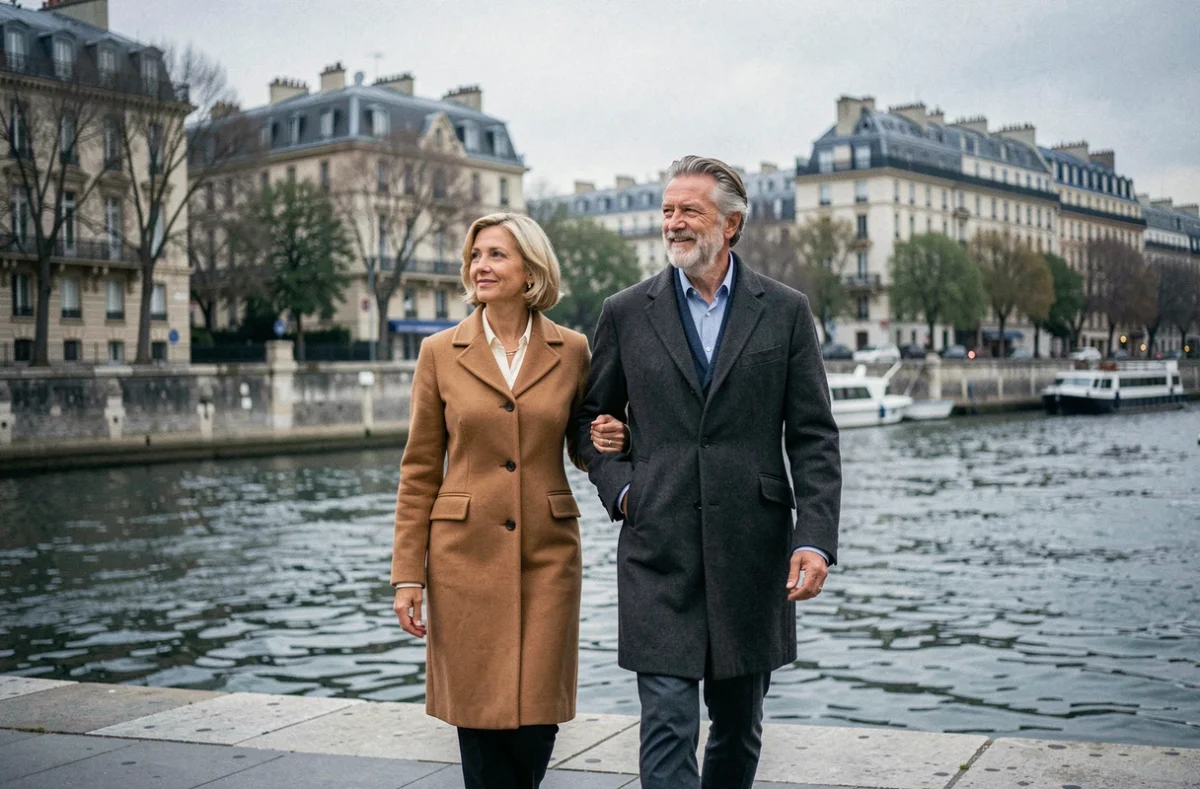 Couple élégant se promenant bras dessus bras dessous sur les quais de la Seine à Paris