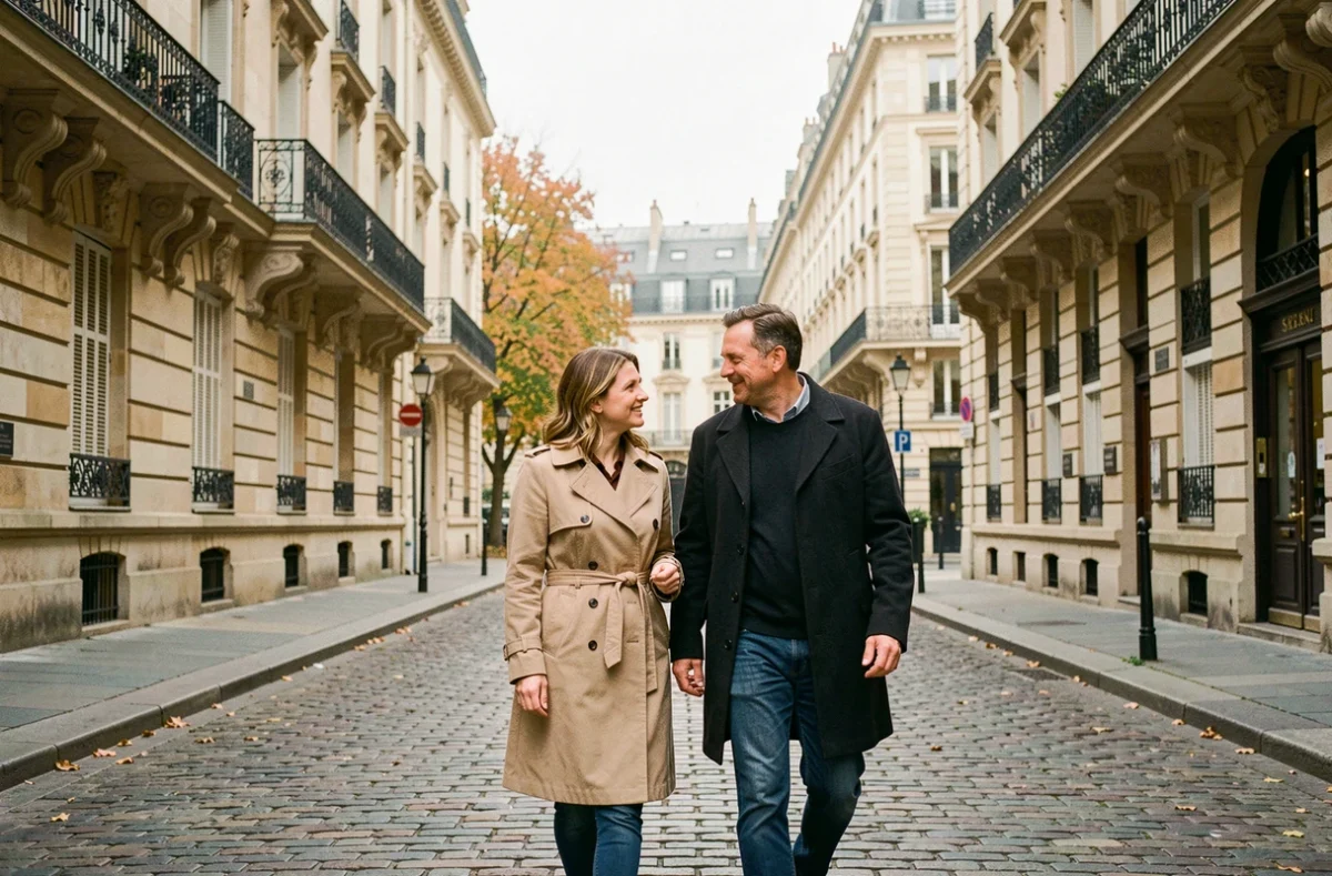 Couple élégant se promenant dans une rue parisienne aux façades haussmanniennes en automne