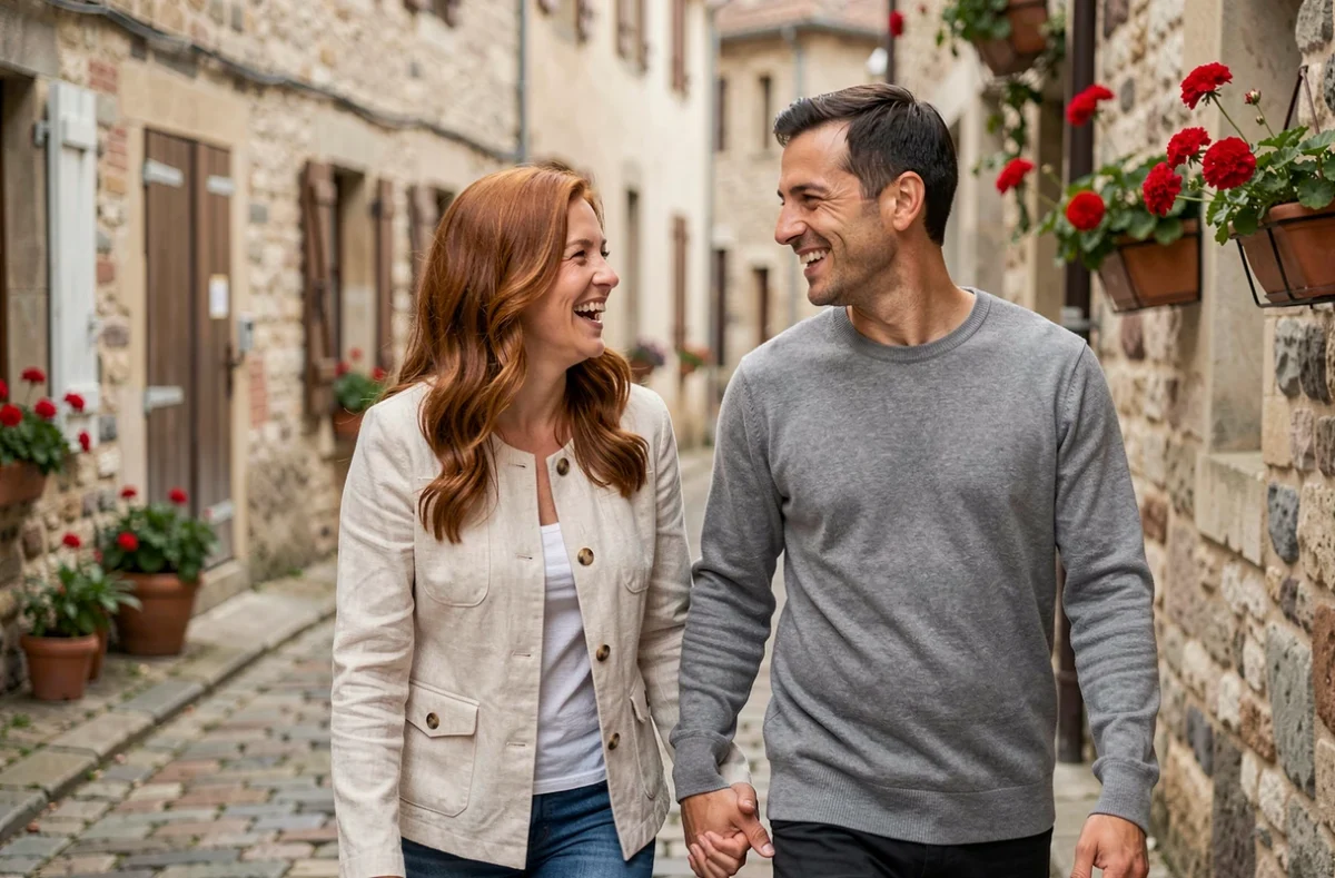 Couple complice se promenant dans une rue pavée d'un village français, illustrant une relation amoureuse épanouie