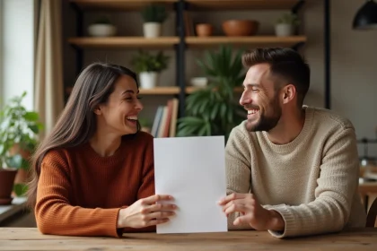 Couple jouant à un quiz de mariage Les Zamours autour d'une table en bois avec une feuille imprimée