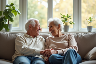Couple senior assis dans un salon lumineux et chaleureux