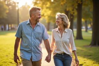 Couple d'âge moyen souriant dans un parc ensoleille