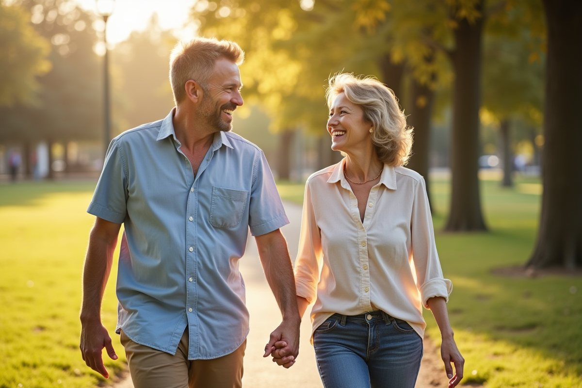 Couple d'âge moyen souriant dans un parc ensoleille