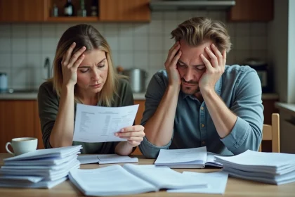 Couple en difficulté financière examinant des factures et relevés bancaires à la table de cuisine, illustrant le surendettement du ménage