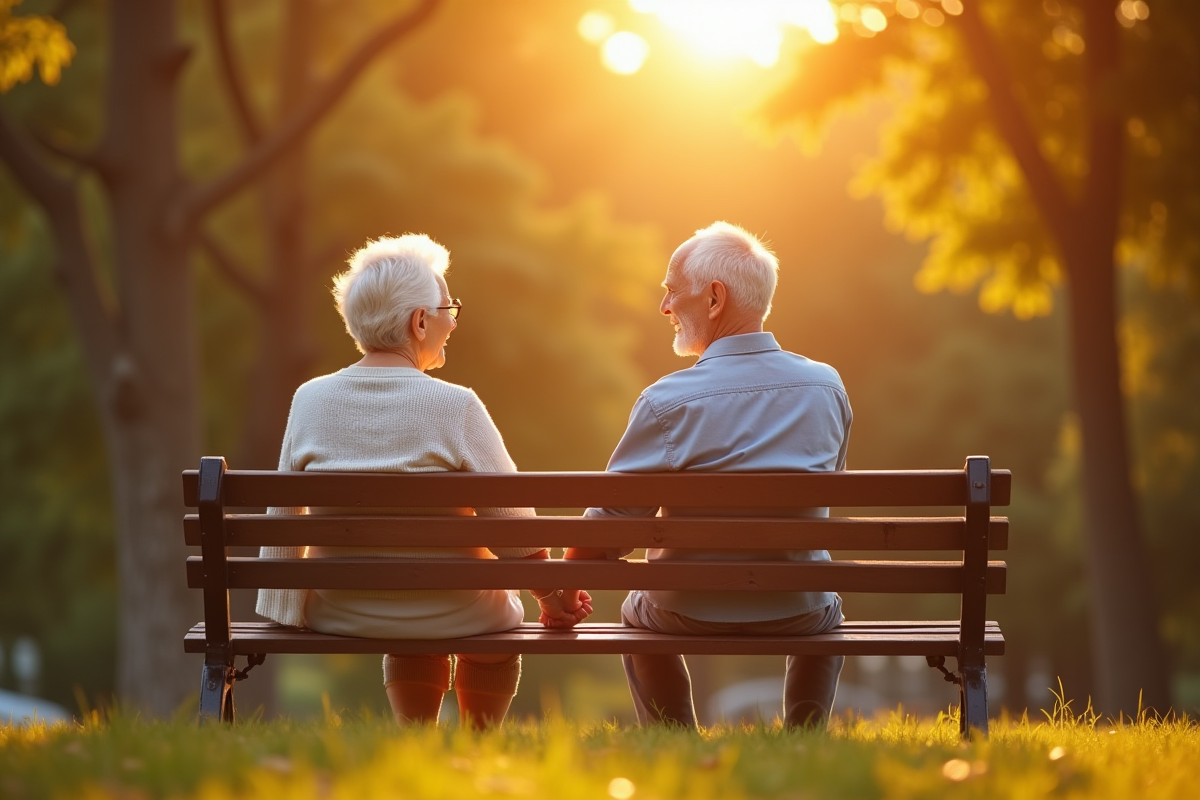 Couple âgé assis main dans la main sur un banc ensoleillé