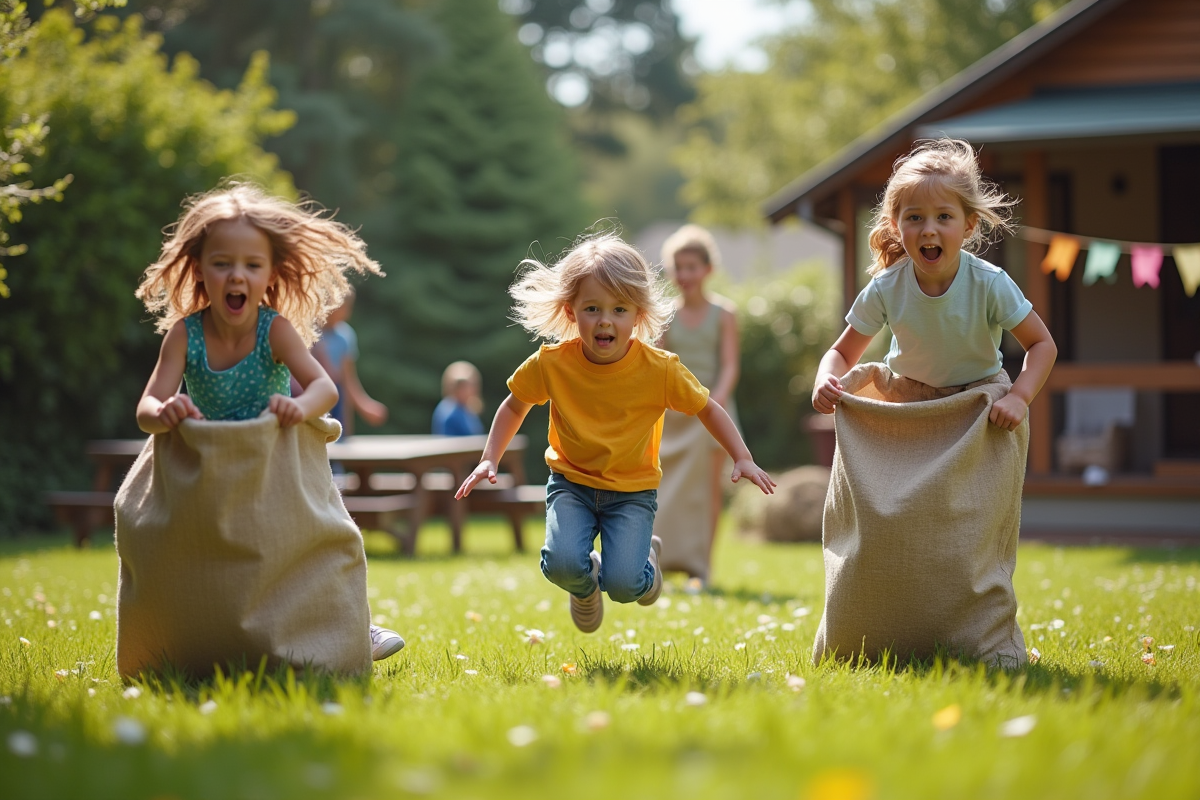 Trois enfants sautant dans une course en sacs dans le jardin