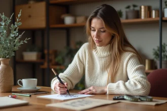 Femme créant une carte de Noël personnalisée à imprimer à la main sur une table en bois avec des fournitures créatives