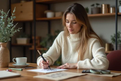 Femme créant une carte de Noël personnalisée à imprimer à la main sur une table en bois avec des fournitures créatives
