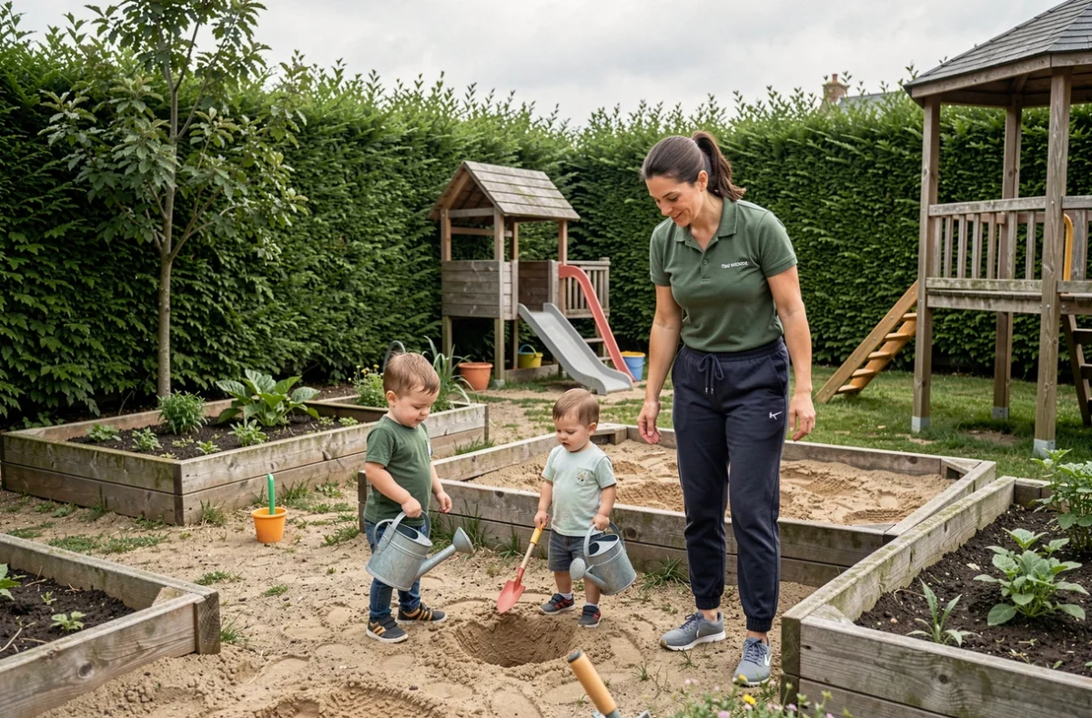 Enfants explorant le jardin extérieur encadré par une éducatrice à la crèche Les Jardins du Grand Clos à Saint-Étienne