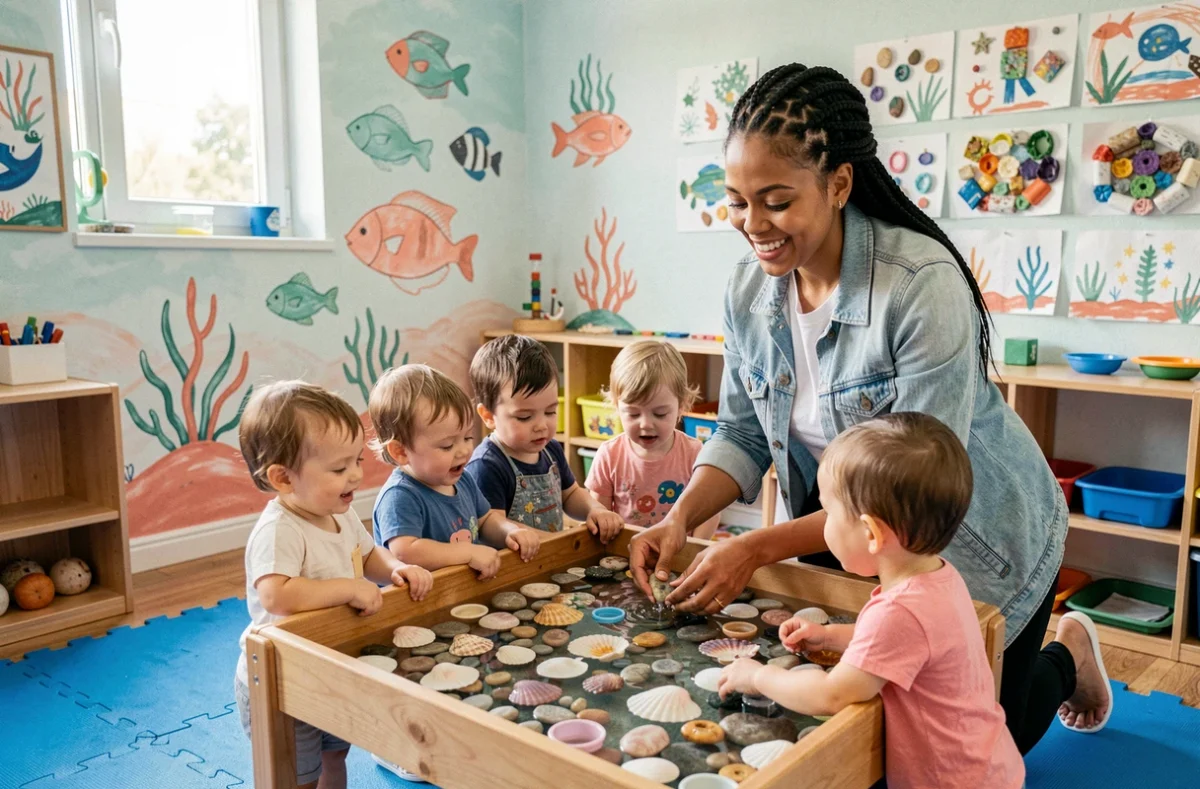 Groupe de tout-petits explorant une table sensorielle dans la crèche Sirainette à Saint-Étienne, avec une éducatrice attentive et une décoration thématique marine