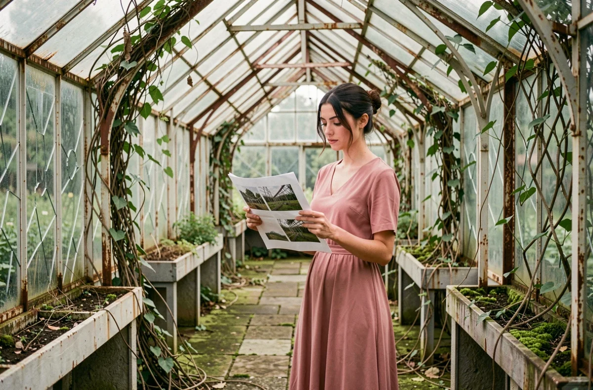 Jeune femme scouting un décor de serre abandonnée pour une séance photo romantique