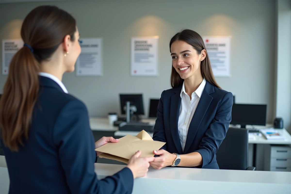 Femme déposant une lettre de demande de temps partiel 80% à un guichet de la CAF après son congé maternité